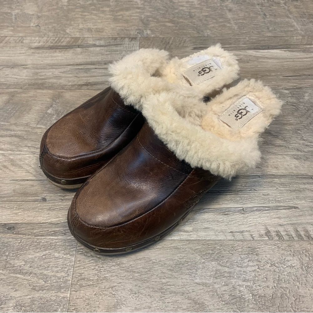 UGG Leather Kalie Clogs Sheepskin Slip On Shoes Slippers - Picture 12 of 12